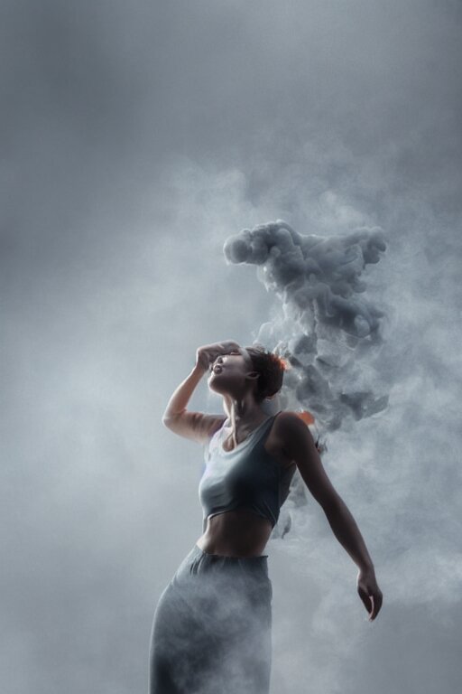 A Woman Made of Smoke, Dancing, Atmospheric, Octane Render, Volumetric Light. turn into a digital image with a minimalist white border, and use a soft light