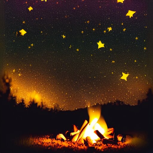 A cozy outdoor campfire in front of a very dark background of yellow illustrated stars, astrophotography, warm muted colors, cut paper photo collage with photograph and illustration. fire is burning and sparks are rising in the sky