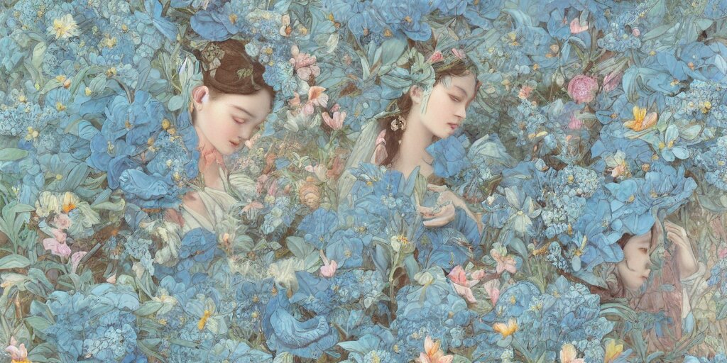 breathtaking detailed concept art painting vintage illustration pattern of goddesses of light blue flowers with anxious piercing eyes and blend of flowers and fruits and birds, by hsiao - ron cheng and beto val and john james audubon, bizarre compositions, exquisite detail, extremely moody lighting, 8 k 