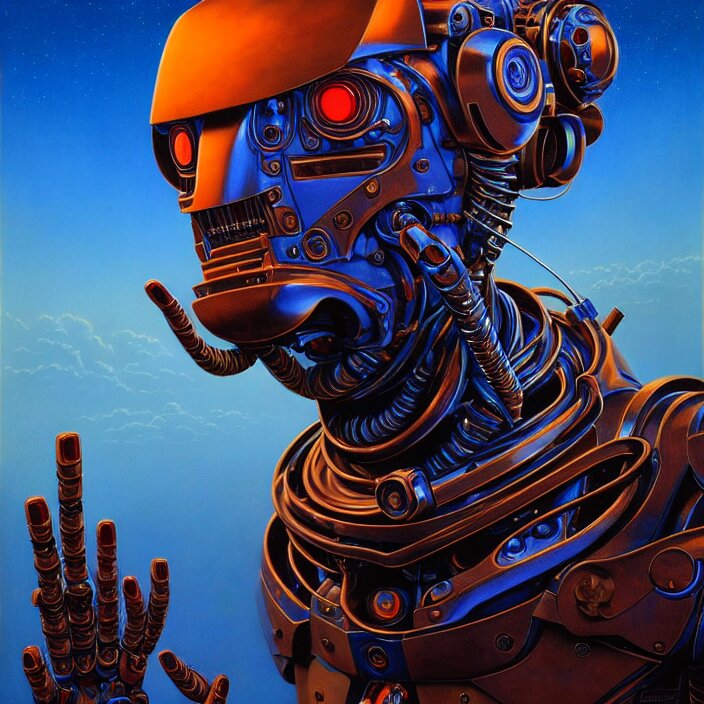 cinematic bust portrait of psychedelic robot from left, head and chest only, exotic alien features, robotic enhancements, desaturated, tim hildebrandt, wayne barlowe, bruce pennington, donato giancola, larry elmore, oil on canvas, masterpiece, trending on artstation, featured on pixiv, cinematic composition, dramatic pose, beautiful lighting, sharp, details, hyper - detailed, hd, hdr, 4 k, 8 k 