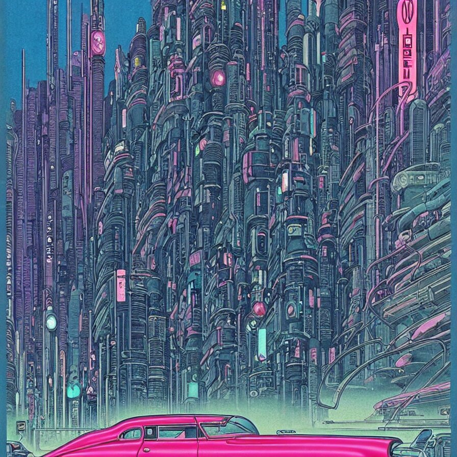 ( ( ( ( 1 9 5 0's classic car driving on cyberpunk highway ) ) ) ) by mœbius!!!!!!!!!!!!!!!!!!!!!!!!!!!, overdetailed art, colorful, artistic record jacket design