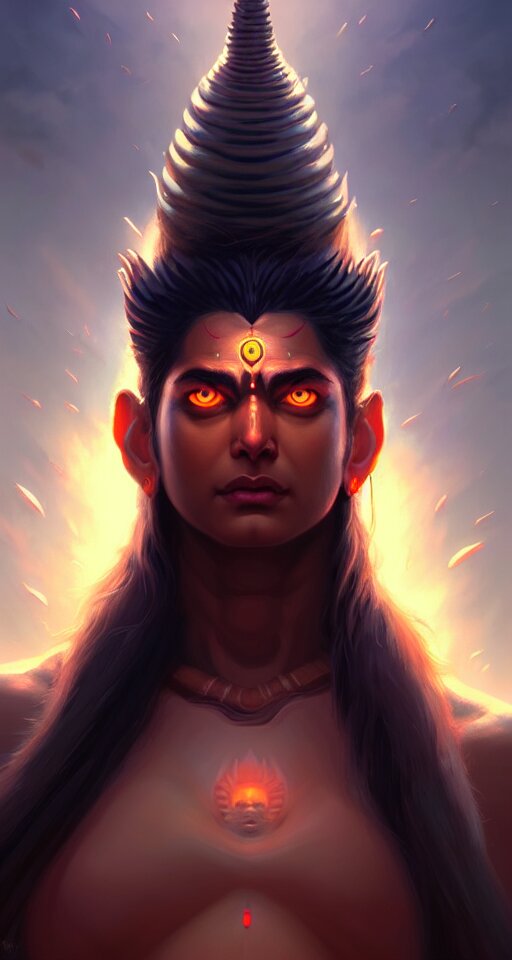 Turn the beautiful eyes of God Shiva into the angry face of the destroyer in God Shiva the Destroyer digital painting, by beautiful eyes!, by pretty face!!!, by symmetry, by concept art, by sharp focus, by illustration, by art by artgerm! Greg Rutkowski Magali Villeneuve, by ILYA KUVSHINOV!!, and by octane render. Turn the eyes into the angry face of Shiva