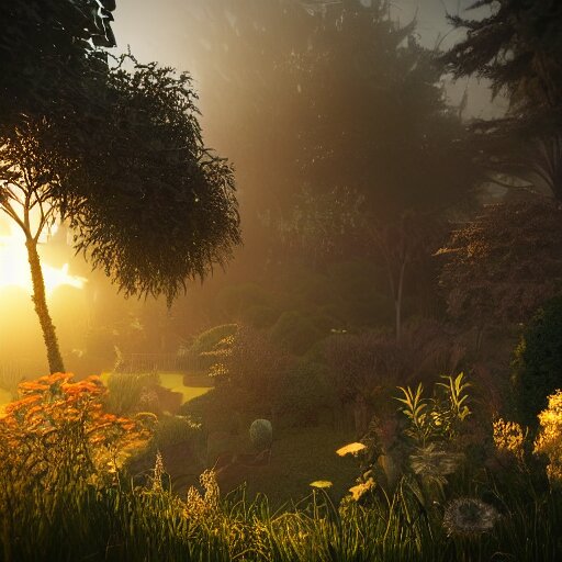 a photo of a garden by benoit b. mandelbrot, golden hour, dreamy, misty, cool, afrofuturistic, side shot, detailed, rendered in unreal engine. turn it into a nightmarish landscape