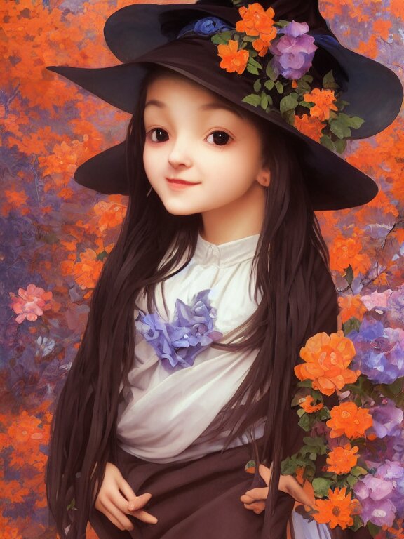 Full shot of a cute mischievious young witch about to get up to some trouble. With latin American fashion and floral patterns, her black and orange palette is matched by her symmetrical facial features and smiling expression. This image is featured in the artstation portfolio 'Range Murata - Witch Central'. Add a broomstick