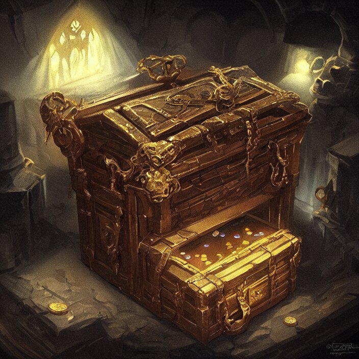 cinematic study of a fantasy chest containing gold and gemstones in a dungeon, chalk, masterpiece, trending on artstation, featured on pixiv, cinematic composition, dramatic, beautiful lighting, sharp details, hyper-detailed, HD, HDR, 4K, 8K, art by Basil Gogos