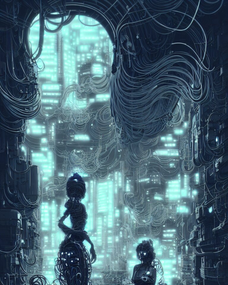 highly detailed portrait of a biopunk long curly white hair tribal lady, stray wiring by atey ghailan, james gilleard, by joe fenton, by greg rutkowski, greg tocchini, kaethe butcher, 4 k, gradient neon, black and white color scheme ( neon caustic robotic dystopian city background ) 