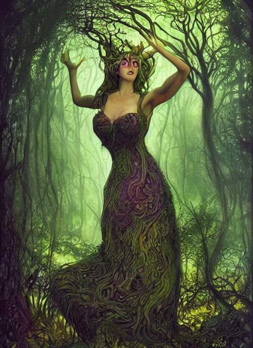 junoesque curvaceous fey queen, vine dress, glowing forest, strong line, eerie color, beautiful! coherent! by brian froud, by mariusz lewandowski