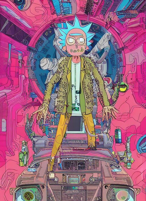 hyper detailed comic illustration of a cyberpunk Rick and Morty  wearing a futuristic sunglasses and a gorpcore jacket, markings on his face, by Josan Gonzalez and Geof Darrow, intricate details, vibrant, solid background, low angle fish eye lens