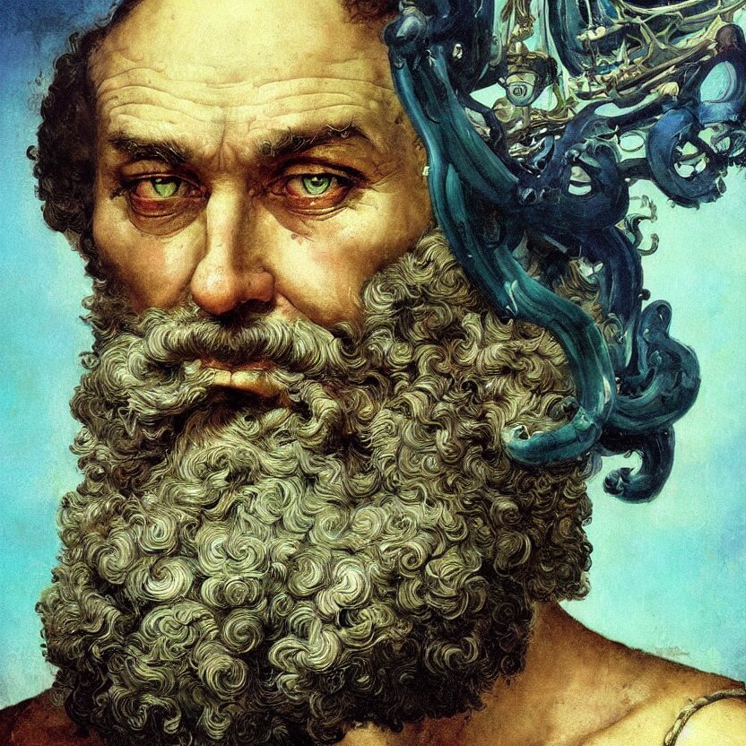 baroque neoclassicist close - up portrait of an bearded sea captain with an intense gaze, underwater with alien sea creatures. iridescent textures. deep green and blue. highly detailed science fiction painting by norman rockwell, frank frazetta, and syd mead. rich colors, high contrast, gloomy atmosphere. trending on artstation and behance.