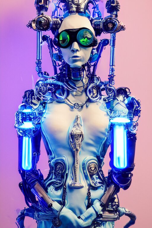 Full-body porcelain baroque space futuristic style sculpture of a young beautiful goddess as a half-robot wearing cholo shades, blue glowing lips, mechanical fingers, oozing neon radioactive liquid, electric sparks, glowing hot magenta laser beam eyes, blue diamonds, golden steampunk necklace with a glowing white crystal orb,  flowing pink satin, industrial fabrics, mechanical. Change the lighting to make her a beautiful women