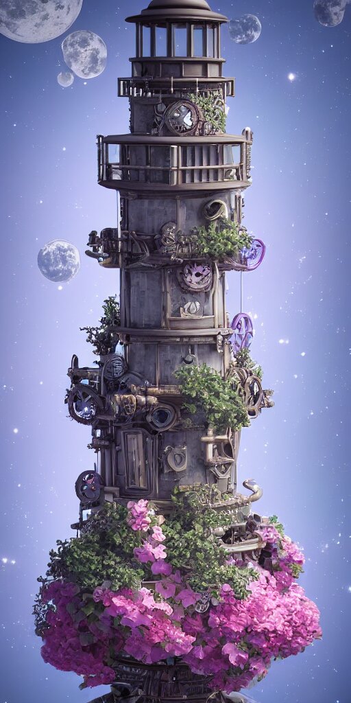 steampunk lighthouse, blue and pink bonsai tree, inside a marble, flower garden, intricate detail, hyper detailed, ultra realistic, sharp focus, octane render, lantern candle, butterfly, volumetric, ray tracing, artstation trending, moon,, fairy cgsociety, sense of awe, swirling mist, 4 k