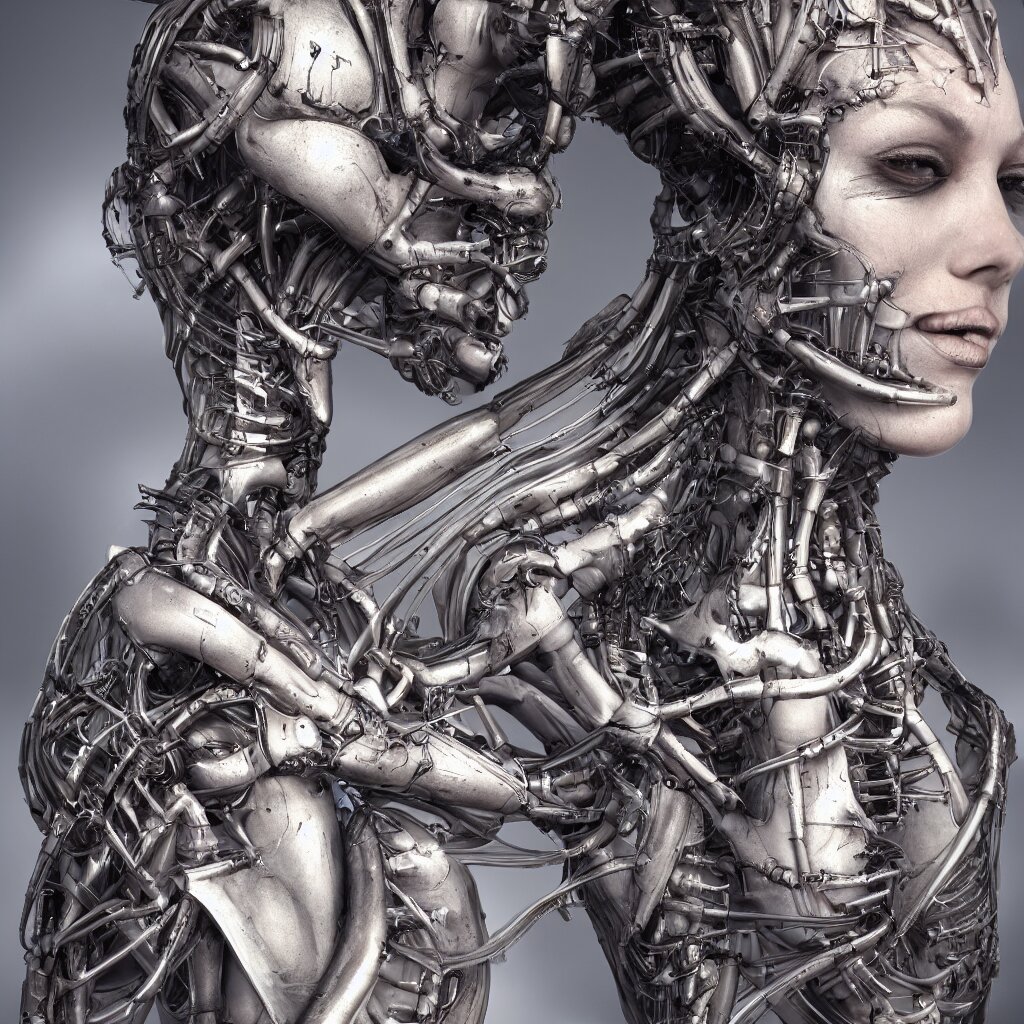 a beautiful female is infected with a biomechanical suit, and becomes a raging octane beast, created by hyper realistic art by HR Giger. Turn the female into a mechanical suit, add octane jets and spikes all over her body to give her a hyper realistic look.