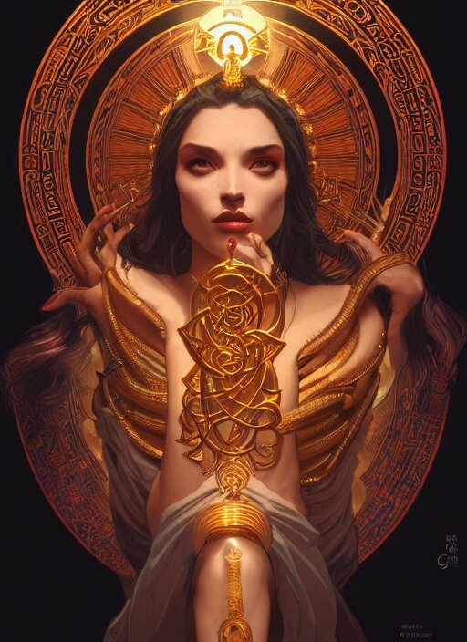 Divine cosmic female power, glyphs, magic, artstation, high contrast, dramatic lighting, cgsociety, symmetrical, very detailed, intricate, detailed illustration, by artgerm and greg rutkowski and alphonse mucha, octane render, unreal engine, hyperrealism
