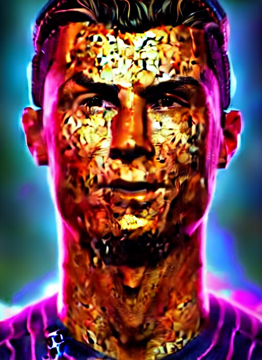 glowwave portrait of Cristiano Ronaldo from Borderlands 3, au naturel, hyper detailed, digital art, trending in artstation, cinematic lighting, studio quality, smooth render, unreal engine 5 rendered, octane rendered, art style by Klimt and Nixeu and ian Sprigger and Wlop and Krenz Cushart. Add a glowy effect.