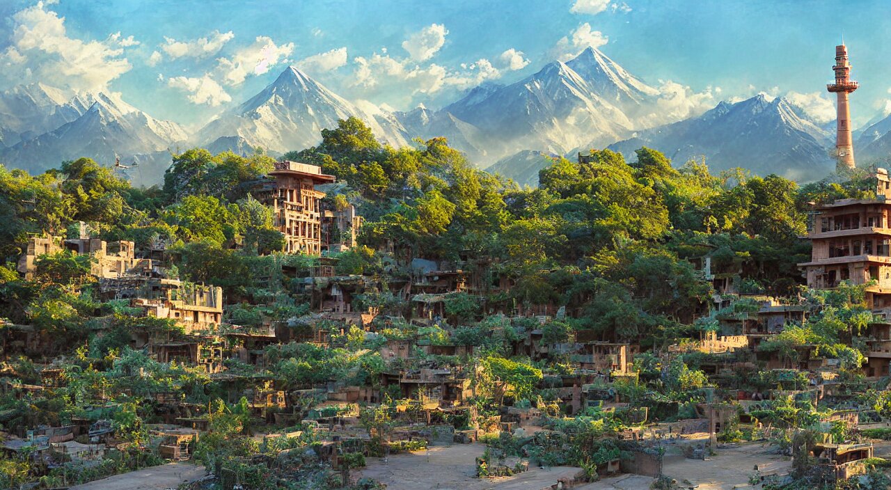 Retropic cityscape under Kashmir mountains, khanqah - e - muala, little wood bridge, painting of tower ivy plant in marble late afternoon light, wispy clouds in a blue sky, by Frank Lloyd Wright and Greg Rutkowski and Ruan Ji. Add a few crows to make it seem more like a photographers province