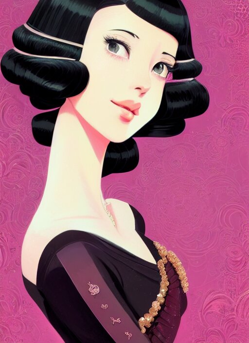 a beautiful girl with black hair in 1930's fashion, ballroom background, intricate, highly detailed, digital painting, artstation, official media, anime key visual, concept art, rich vivid colors, ambient lighting, sharp focus, illustration, art by Artgerm, Makoto Shinkai, Ilya Kuvshinov, Lois Van Baarle, and Rossdraws