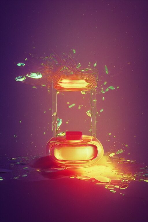  pill floating with glowing liquids inside. intricate artwork by Tooth Wu and wlop and beeple. octane render, trending on artstation, greg rutkowski very coherent symmetrical artwork. cinematic, hyper realism, high detail, octane render, 8k 