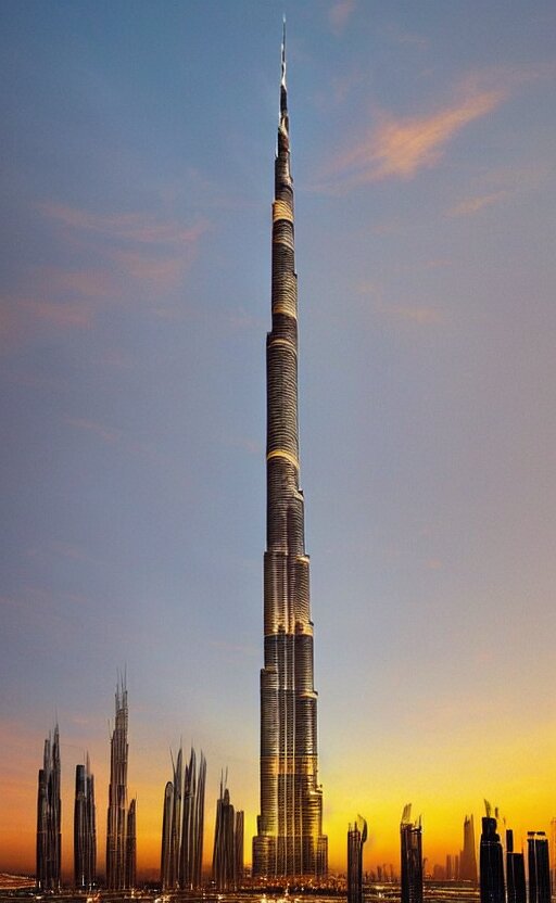 an amazing beautiful photo of the burj khalifa with a sunset over a cityscape. the colors are very vibrant and the view is stunning. vibrant colors, very funny, personal, positive, visually pleasing, engaging and contains humans. high resolution. high quality. hq hd. trending on artstation.