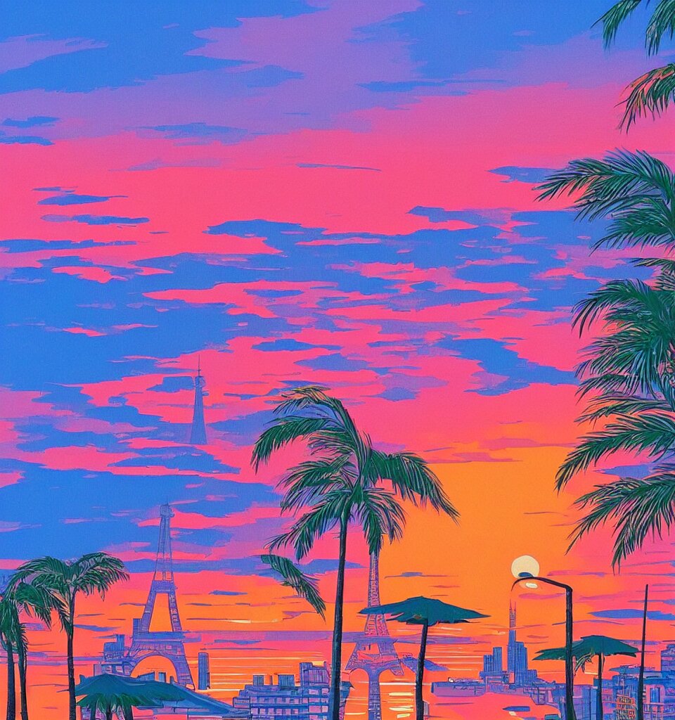 gorgeous romantic sunset, cliffside overlooking the beautiful city of paris, warm colors, tropical, in the style of hiroshi nagai, very detailed, tropical, 8 0 s. make the sunset blue and the city golden