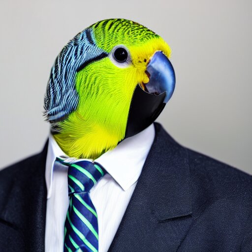 a confident looking budgie in a suit change the bird to a monkey