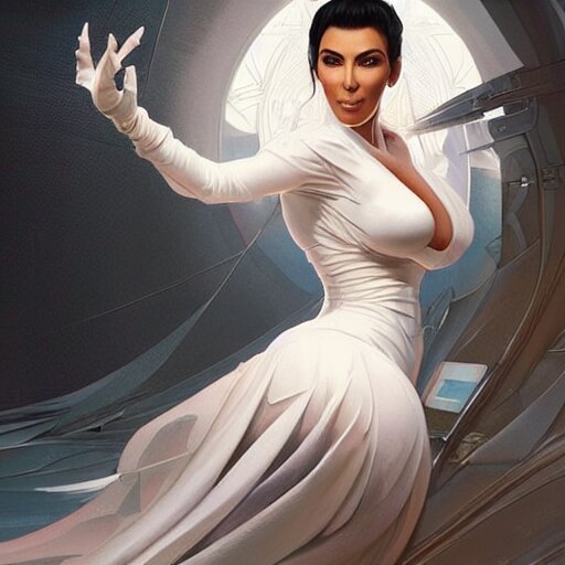 Kim Kardashian in futuristic Japanese warrior outfit, expressive pose, intricate, elegant, highly detailed, digital painting, artstation, concept art, smooth, sharp focus, illustration, art by artgerm and greg rutkowski and alphonse mucha. turn into an amazing warrior, attractive Kim Kardashian