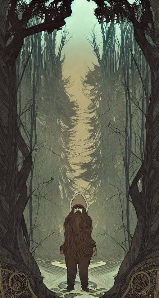 a full page landscape of a forest where an old bearded wizard stands looking thoughtful and watching a river of black water, high fantasy digital illustration, by jenny frison and alphonse mucha, intricate details, stunning inking lines, flat colors, 4 k, hd, artstation