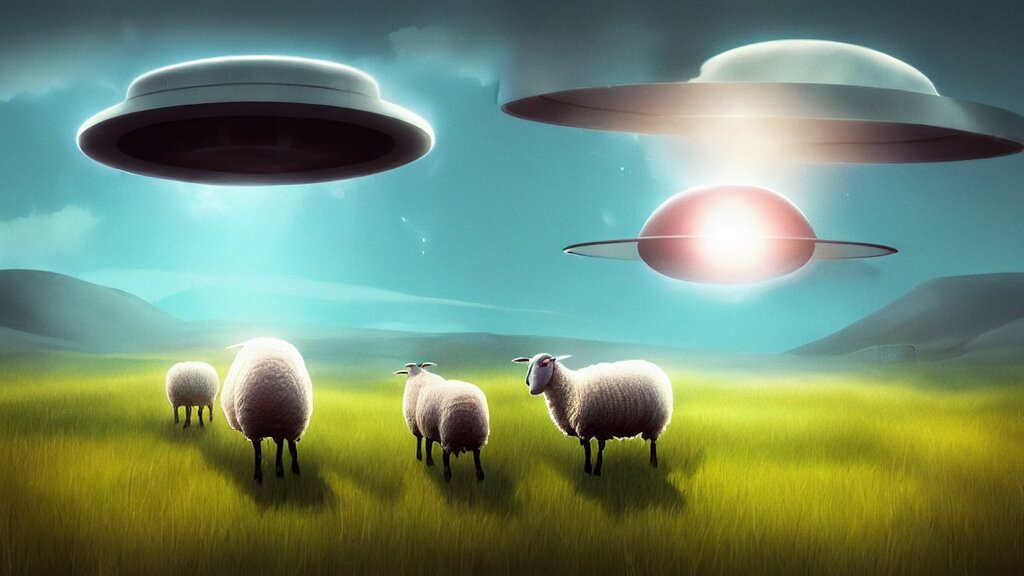 sheep in a field being abducted by a ufo!, horror cartoon, highly detailed, digital painting, artstation, concept art, smooth, sharp focus, illustration, art by beeple and tooth wu and wlop 