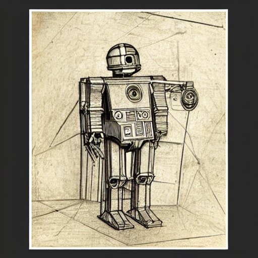 technical drawing of ancient humanoid robot, symmetrical, old historical photo, ancient paper, photorealistic