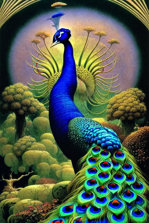 the vision of the universal peacock by by roger dean and andrew ferez, art forms of nature by ernst haeckel, divine chaos engine, symbolist, visionary, art nouveau. Make it look like real peacock