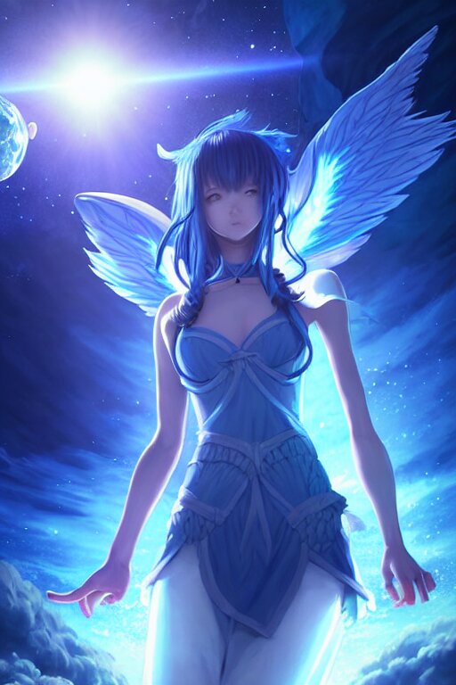 blue dressed summoner girl fighting against outer gods with their creatures. floating planets on the background, box office hit, fantasy and cosmic horror movie, unreal engine, intricate, highly detailed 8 k, ambient occlusion, extremely beautiful and aesthetic shape of face and body, art by hiroaki samura and ilya kuvshinov and rossdraws