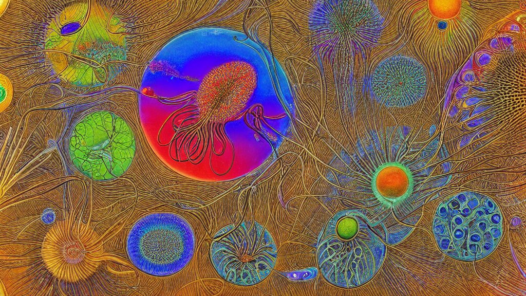 quantum connections represented as squishy, symbiotic organisms like cells playing around with colorful lights by ernst haeckel. quantum connections represented as symbiotic organisms like cells playing around with colorful lights by ernst haeckel, squishy