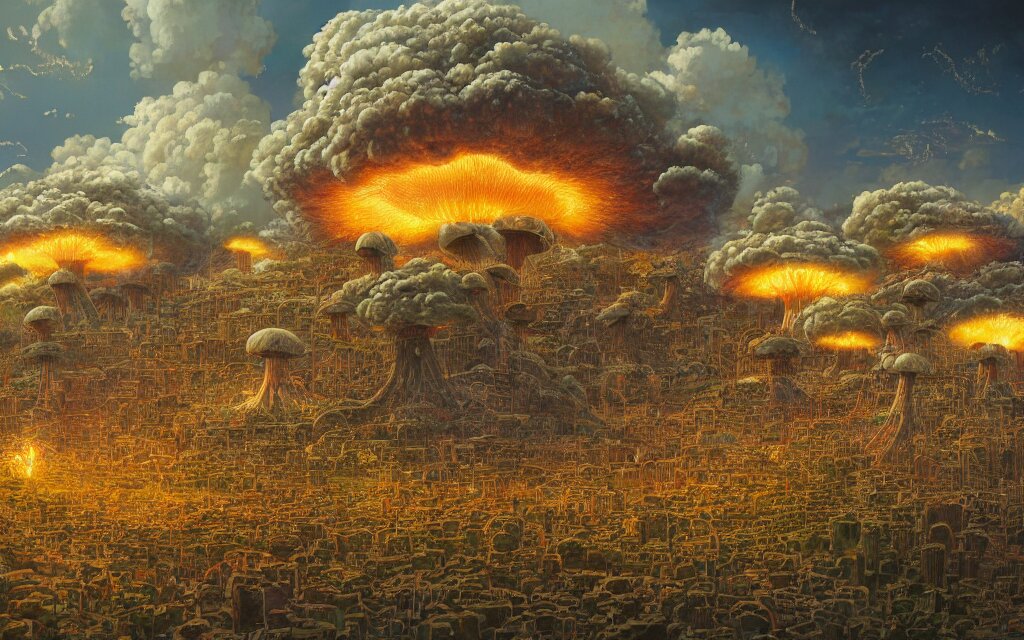 highly detailed illustration of a giant nuclear explosions exposure mushroom clouds, ancient feudal japanese city by makoto shinkai, moebius, studio ghibli beksinski oliver vernon, joseph moncada, damon soule, manabu ikeda, kyle hotz, dan mumford, otomo, 4 k resolution