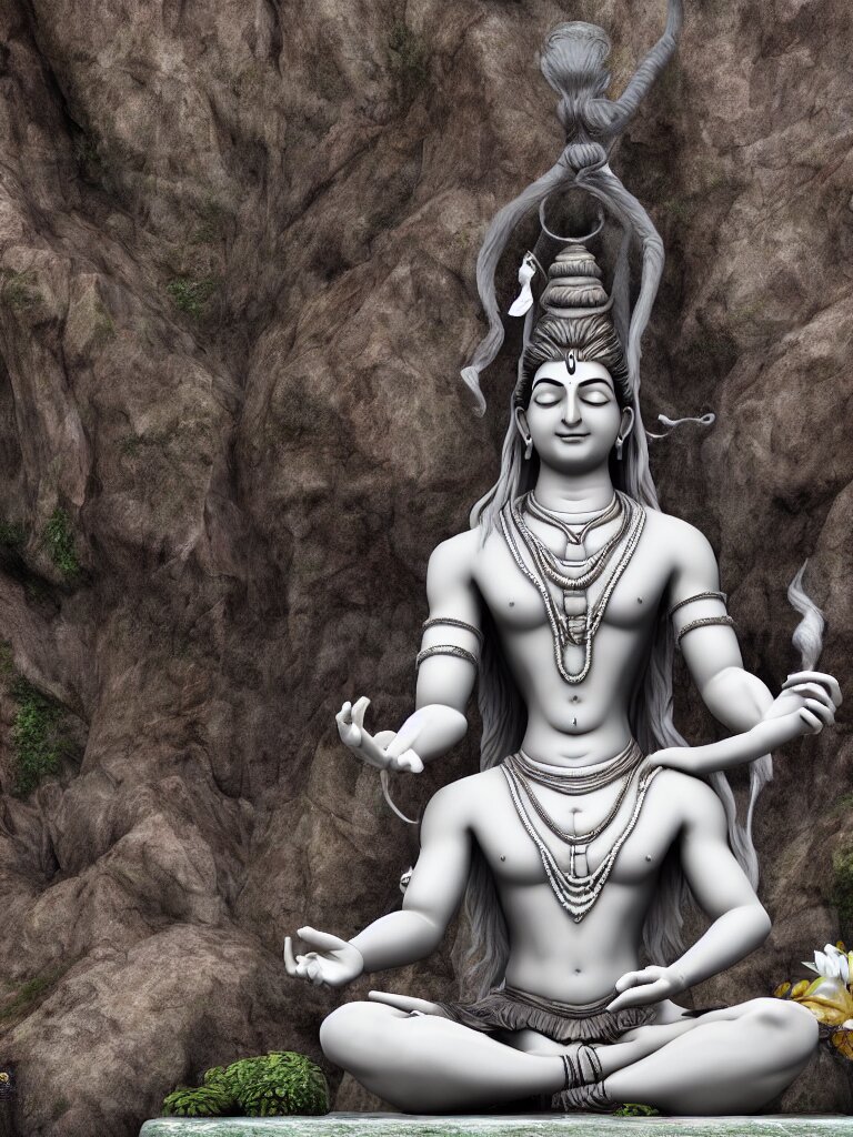 lord shiva meditating, hyperrealistic, unreal engine, landscape in the background. make it a landscape, with green trees and hills in the background