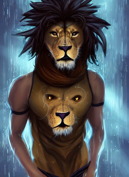 Award winning beautiful portrait commission of a male furry anthro lion fursona with a tail and a cute beautiful attractive detailed furry face wearing stylish black and gold swimming clothes at a cyberpunk beach at night while it rains. Character design by charlie bowater, ross tran, artgerm, and Makoto Shinkai, inked, detailed, western comic book art. Remove the background