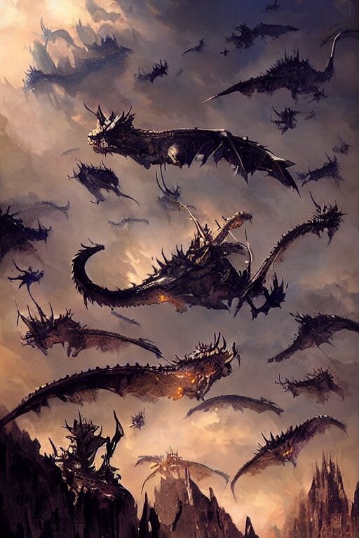 sky filled with a swarm of angry western dragons, painting by stephan martiniere, having them all fighting over a carcass. have them all fighting over a carcass