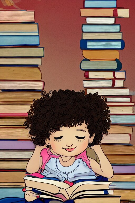 remove the curly brown hair, add streaks of color in different directions, make the girl's hair thick and curly, and make her face more cartoonish