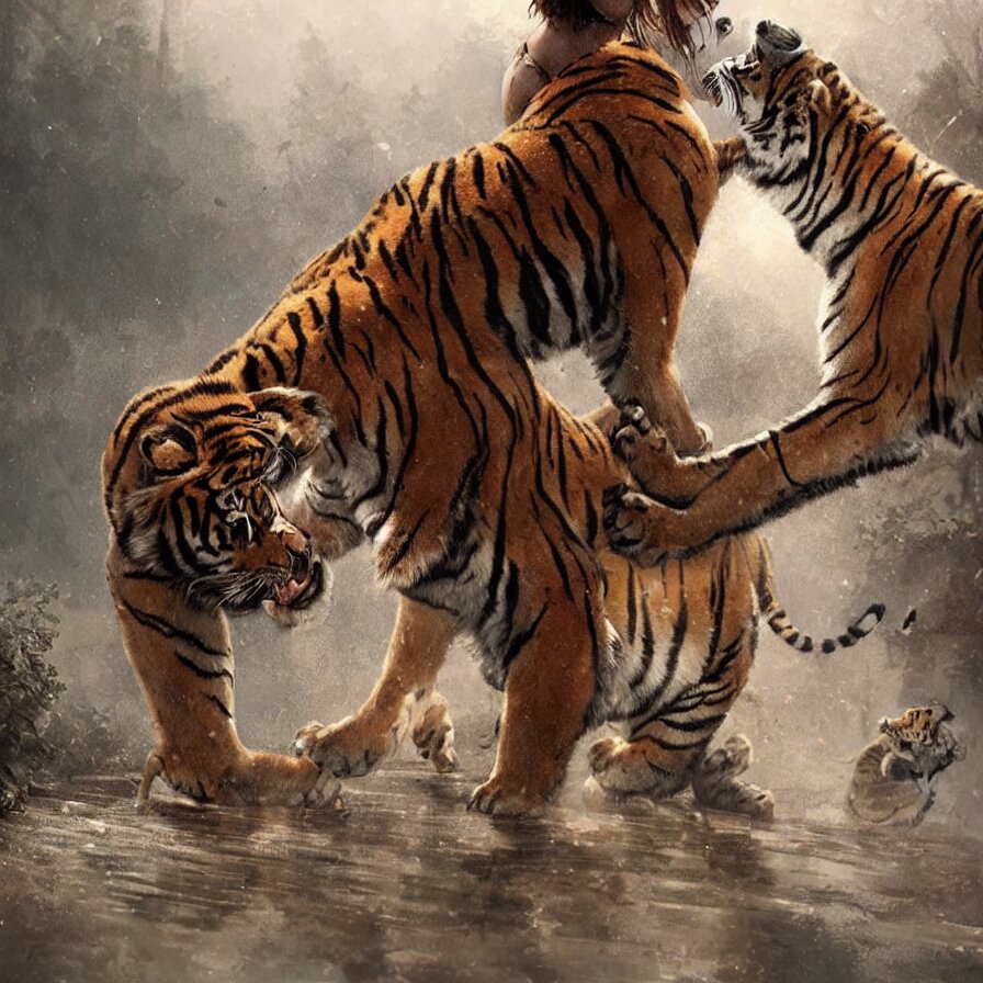 the relationship between a girl and a tiger. they love each other, girl with an animal body, detailed digital art by greg rutkowski. Change the background to be a jungle