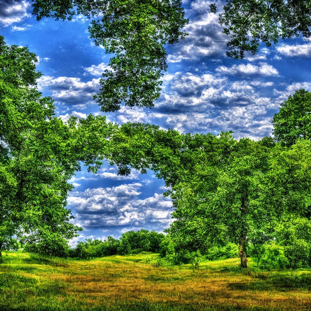 A summer landscape, with added warmth in the colors, HDR. add in some warm colors to offset the bright blue