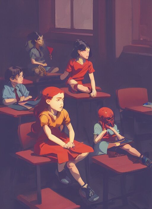 children sitting in class looking all exactly the same, in the style of artgerm, gerald brom, atey ghailan and mike mignola, vibrant colors and hard shadows and strong rim light, plain background, comic cover art, trending on artstation