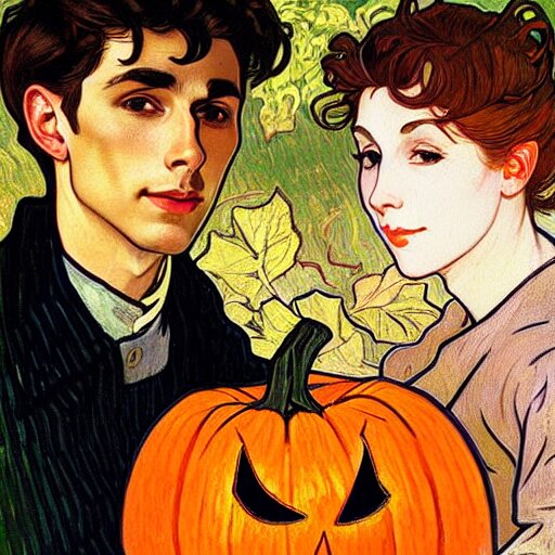painting of handsome young delicate beautiful jeffrey in his 2 0 s with brown hair and gorgeous rina together at the jack o'lantern halloween party holding pumpkins, elegant, clear, painting, stylized, art, art by alphonse mucha, vincent van gogh, egon schiele, 