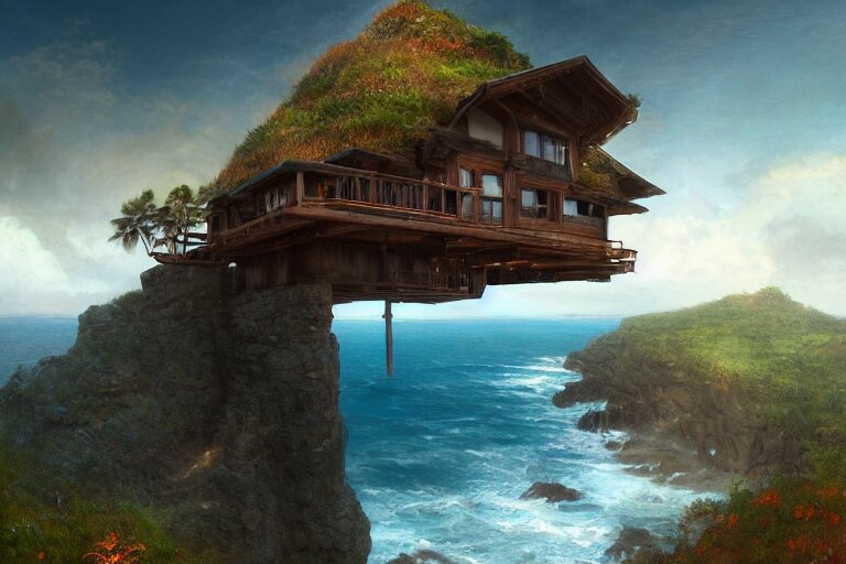 Lovely A Frame Home Sits Top of Cliff Overlooking Entire Blue Sky, Digital Painting by Greg Rutkowski and Gaston Bussiere, ZBrush, CGSociety Contest Winner, Comprehensive Art, Intricate Landscape Photography, Brightly Radiant Atmosphere, Overcast Sky, Homogeneous to Hawaii, 4K, 8K. make the sky a light blue