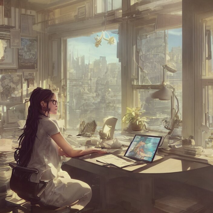 a beautiful female daytrader with glasses in a clean home office at her computer working, ultra realistic, concept art, intricate details, serious, highly detailed, photorealistic, octane render, 8 k, unreal engine, art by artgerm and greg rutkowski and alphonse mucha