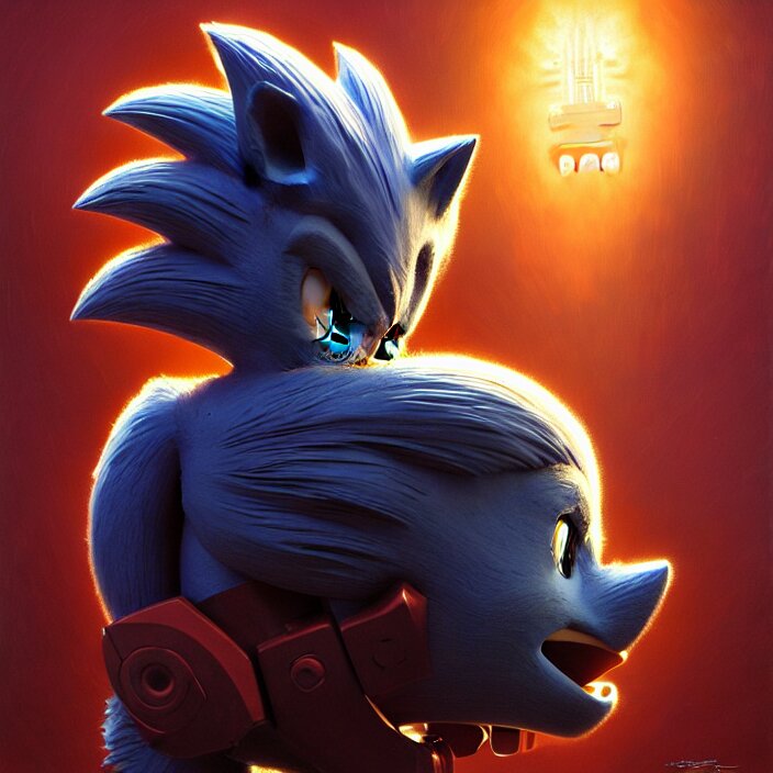 Cinematic Bust Portrait of Sonic the Hedgehog with Alien Face and Robotic Enhancements, Hyper-Detailed HD, HDR, 4K and 8K. Add a glowing light behind the head to render the robotic enhancements more visible.