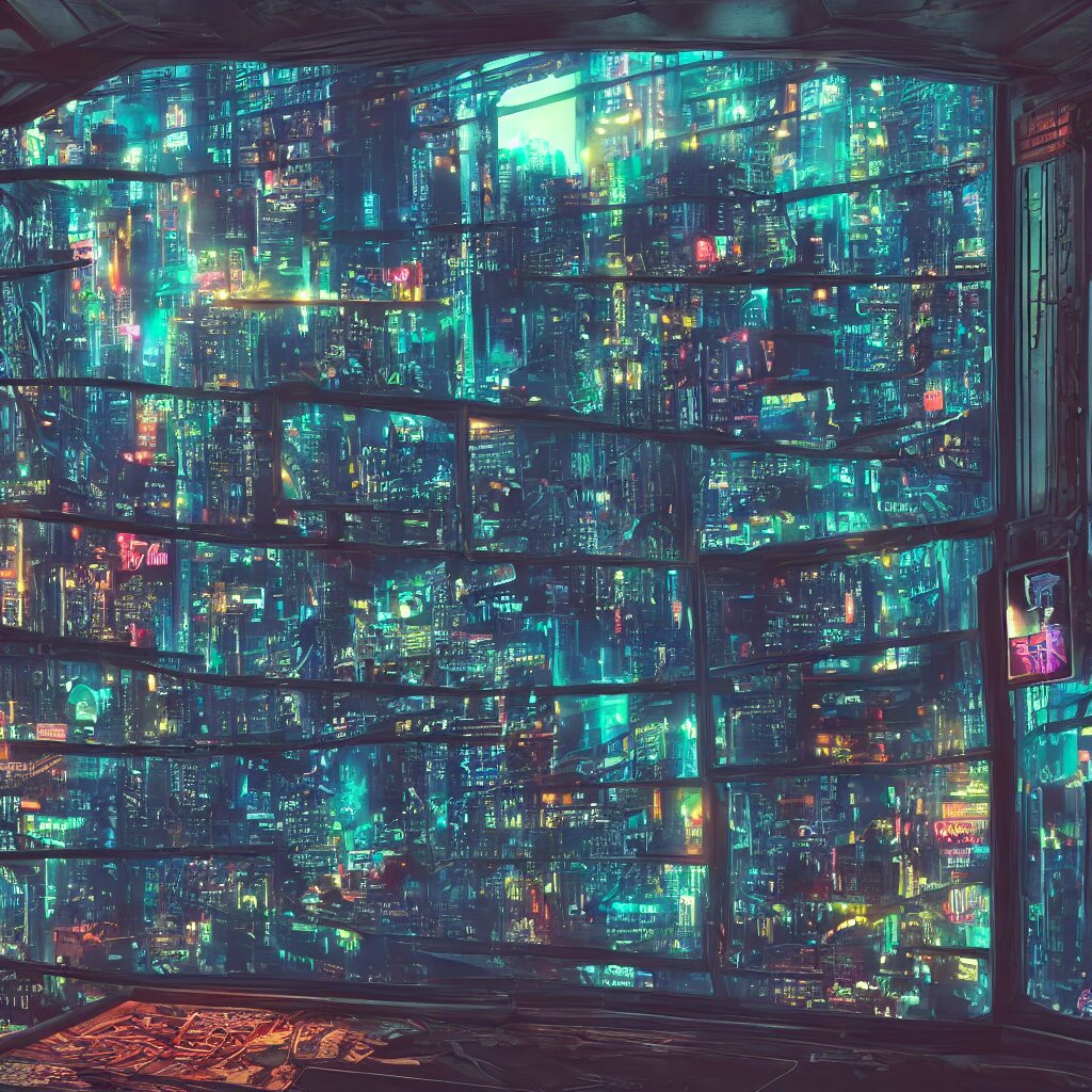 A highly detailed photo of a cyberpunk room, high tech, neon backlit, round window, cyberpunk nightcity in the window, 8 k. make it just a photo of that one cyberpunk room