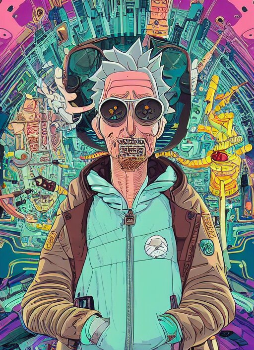 hyper detailed comic illustration of a cyberpunk Rick and Morty  wearing a futuristic sunglasses and a gorpcore jacket, markings on his face, by Josan Gonzalez and Geof Darrow, intricate details, vibrant, solid background, low angle fish eye lens