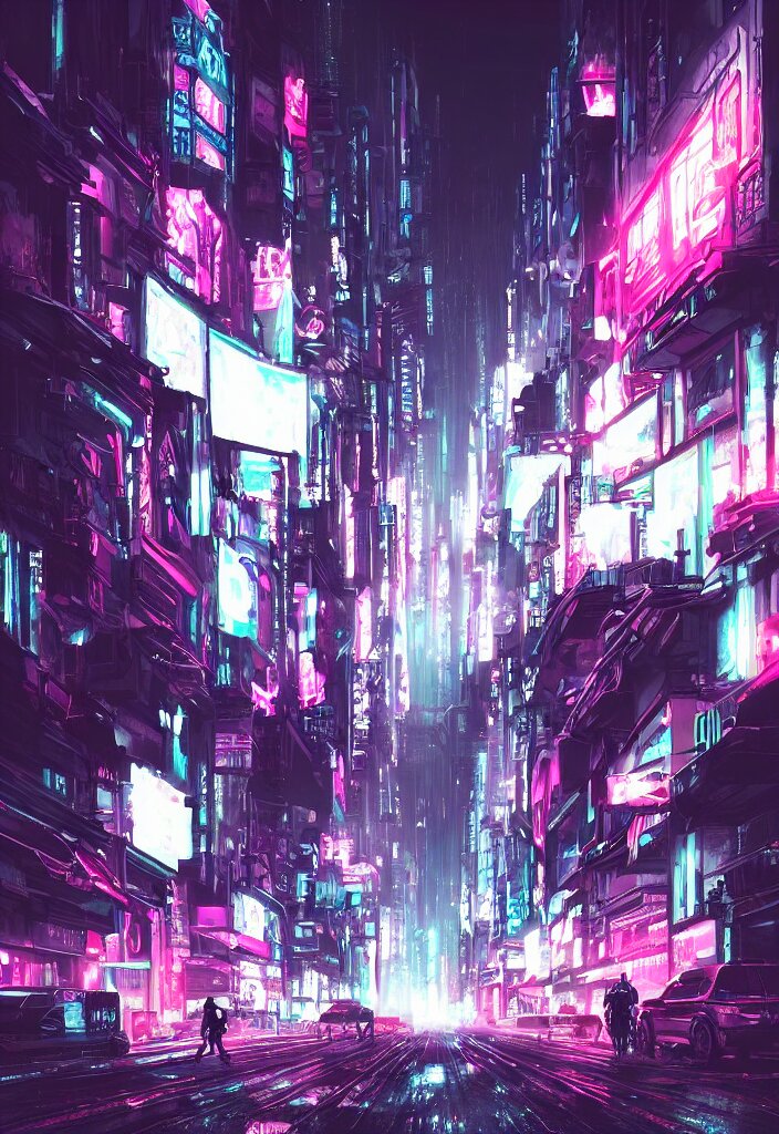 Concept art of a magnificent black neon futuristic cyberpunk city bustling street at night cyberart in the style of liam wong. Zoom in