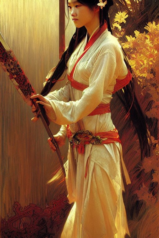 attractive female, wuxia, painting by gaston bussiere, craig mullins, greg rutkowski, alphonse mucha 