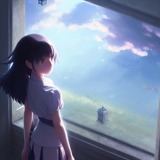a young girl with bangs looking to the sky, cinematic lighting, dramatic atmosphere, studio lighting delicate features finely detailed perfect art, at an ancient city, gapmoe yandere grimdark, trending on pixiv fanbox, painted by greg rutkowski makoto shinkai takashi takeuchi studio ghibli 
