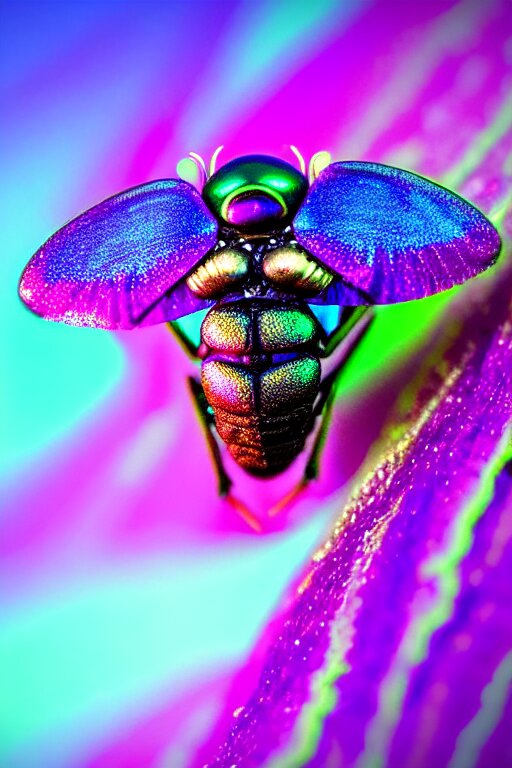 high quality macro photo iridescent rococo fly! jeweled gorgeous! highly detailed digital art david ligare elson peter cinematic purple neon lighting high quality low angle hd 8k sharp shallow depth of field