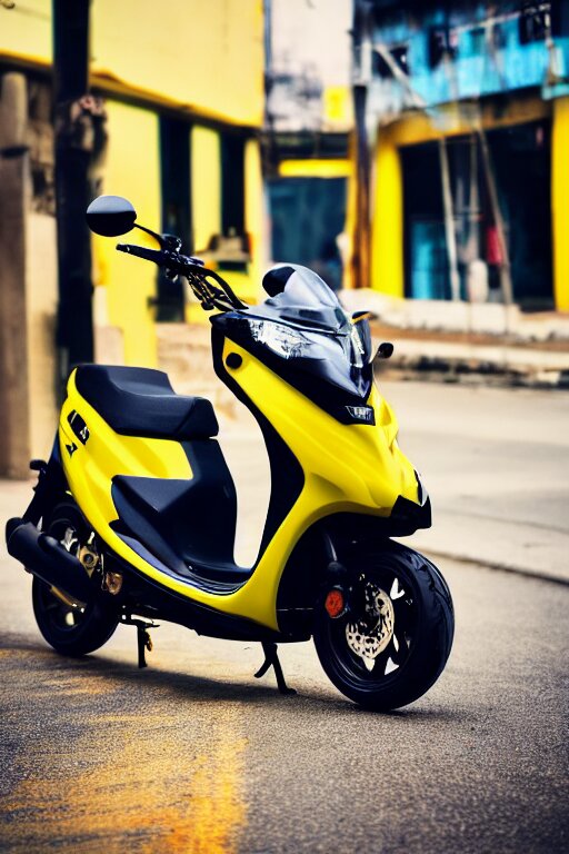 photo of suzuki hayate ss with black and yellow paintjob, vietnam traffic background, golden hour, 5 6 0 ccm, race style, custom scooter, dslr, 8 5 mm, f / 1. 3